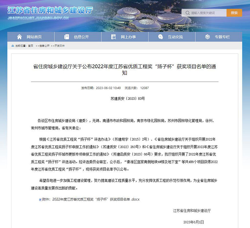 【喜報】淮安S237高架快速路項目榮獲2022年度江蘇省優(yōu)質(zhì)工程獎“揚子杯”